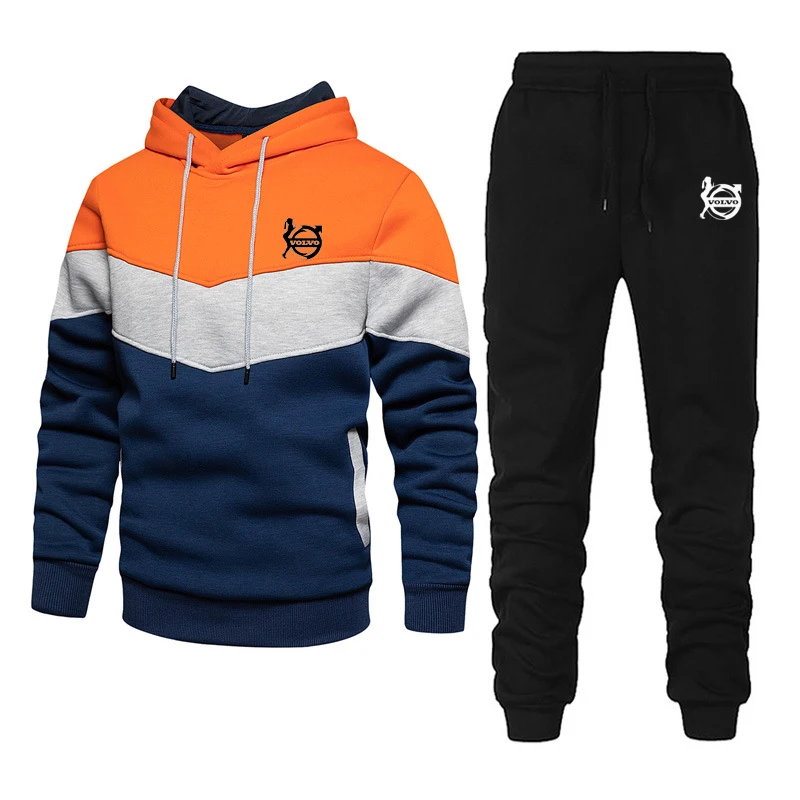 

Autumn new color-blocking hoodie men's sports suit + printing splicing fashion warm casual suit