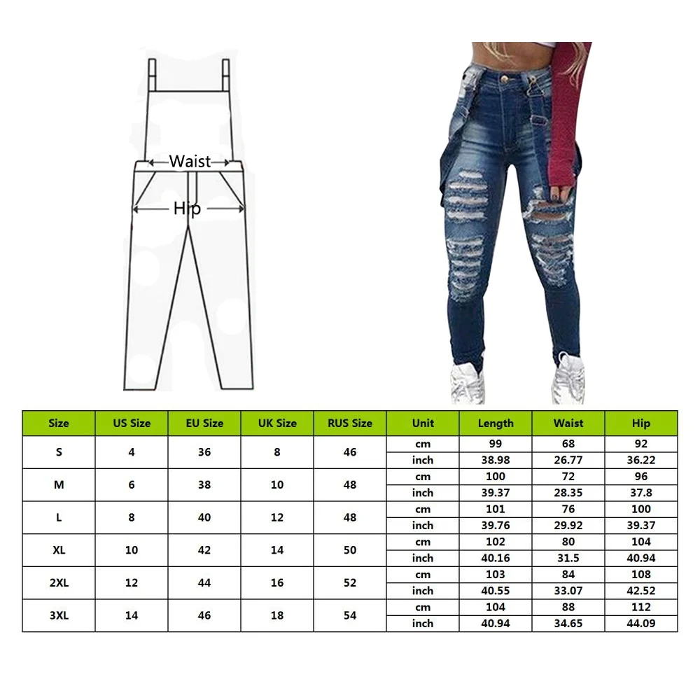 

Puimentiua 2021 Women's Denim Bib OVeralls High Waist Ripped Hole Pencil Pants Ladies Casual Jeans Jumpsuits And Rompers