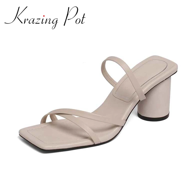 

Krazing pot genuine leather square toe high heels strange style young lady dance party Korean girls slip on women sandals L62