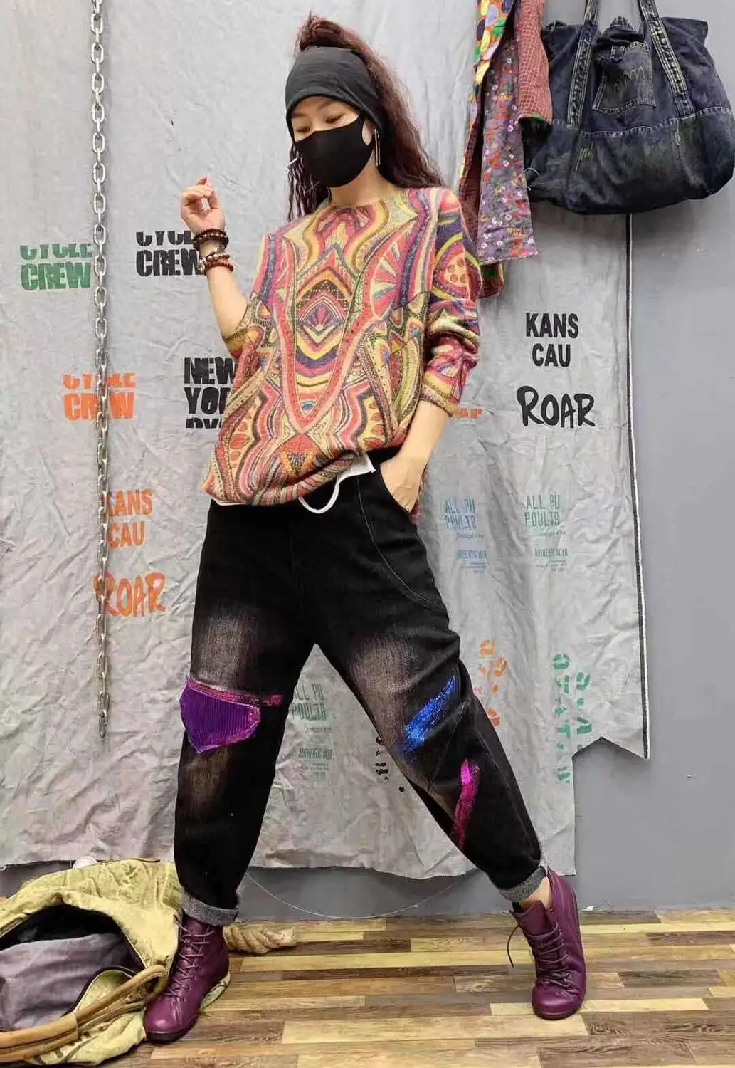 National style autumn and winter new literary retro casual print sweater loose round neck knit female | Женская одежда