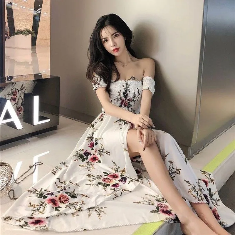 

QWEEK Maxi Beach Dress Elegant Women Summer Boho Dress for Holiday Vacation Off The Shoulder Ruched Backless Floral Dress 2021
