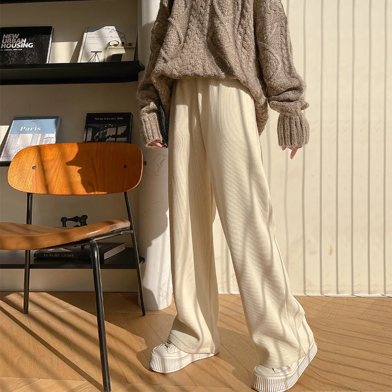 

CGC Casual Cotton Woman Pants Solid Wide Leg Straight Trousers Female Corduroy Loose Pants High Waist Trousers All-match Pants