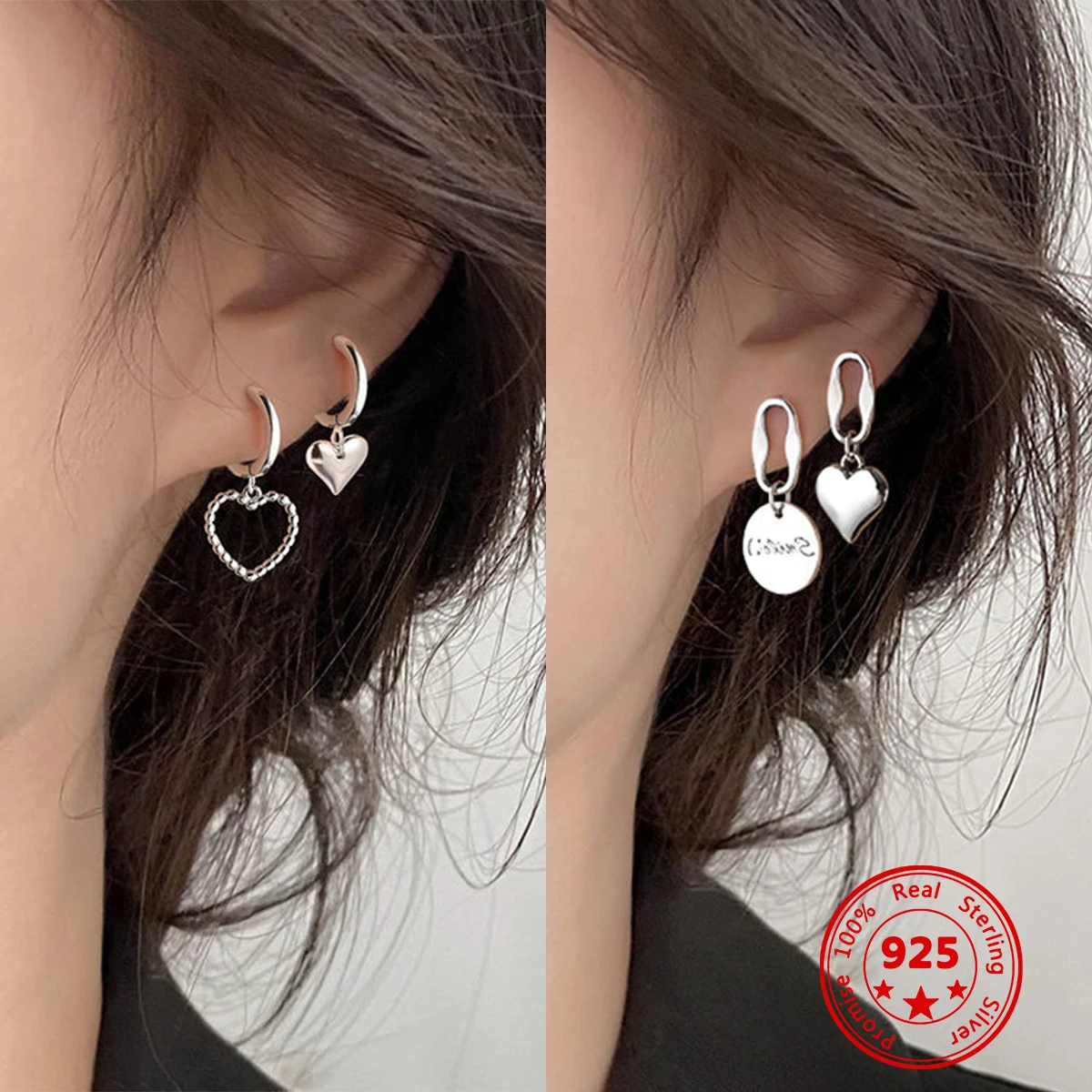 

Женские серьги-кольца из серебра 925 пробы, асимметричные серьги-гвоздики в форме сердца, ювелирные украшения для вечеринок