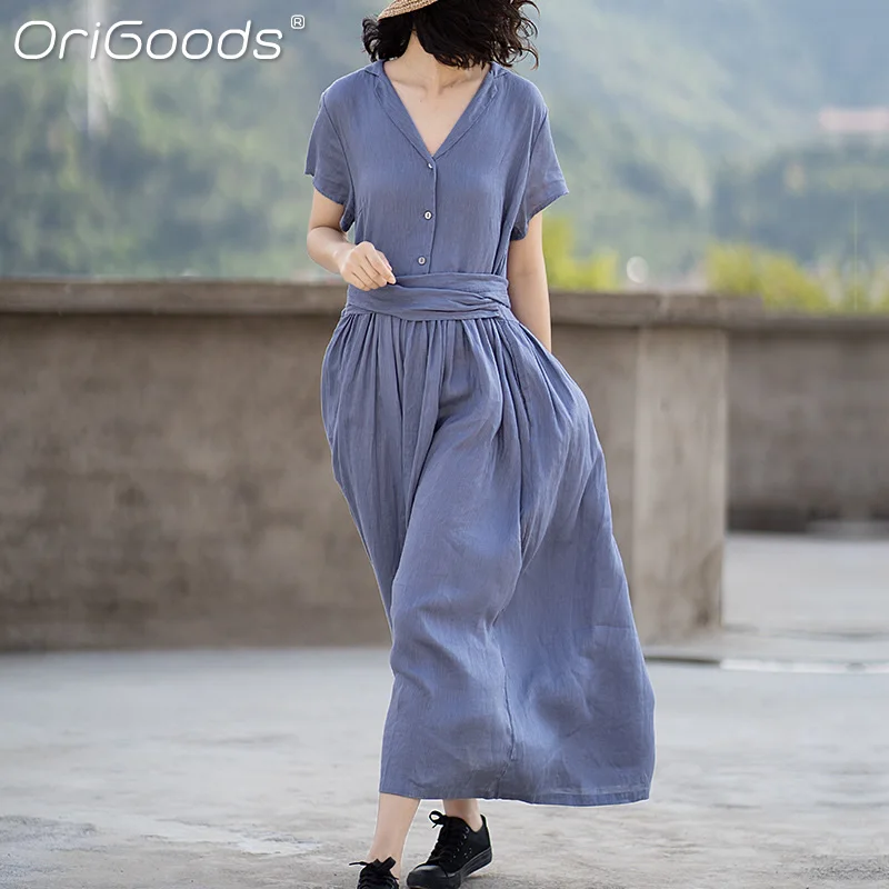 

OriGoods 100% Linen Dress Summer 2021 New Fashion Brand Long Dress Women V-neck Elegant Blue Belt Waisted Dress For Ladies E051