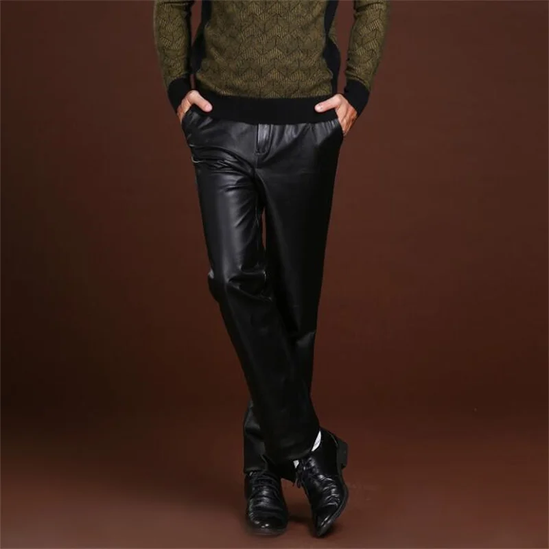 Middle-aged men's leather pants warm motorcycle pu trousers male large size winter loose leisure thicken autumn black pantalones