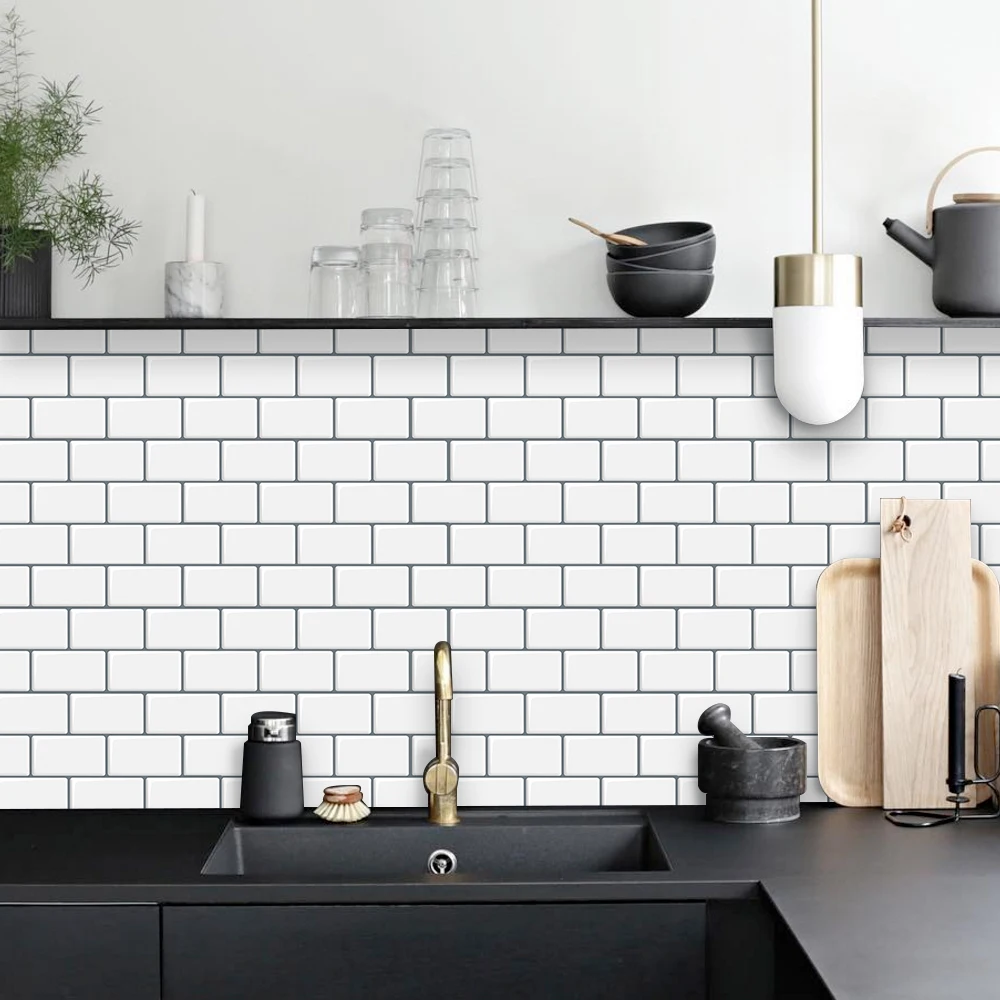 10 sheet peel and stick backsplash 12 in x 12 in subway self adhesive kitchen tiles mono white with gray grout free global shipping