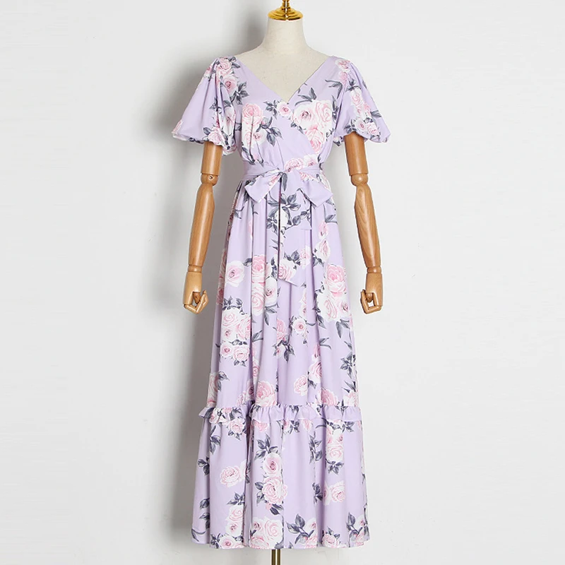 Женское модельное платье с рукавами-фонариками и V-образным вырезом | Женская