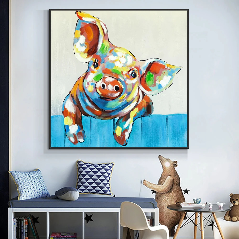 

50% Hand Painted Abstract Colorful Cartoon Pig Oil Painting On Canvas Unframed Modern Wall Art Print Painting For Home Decor