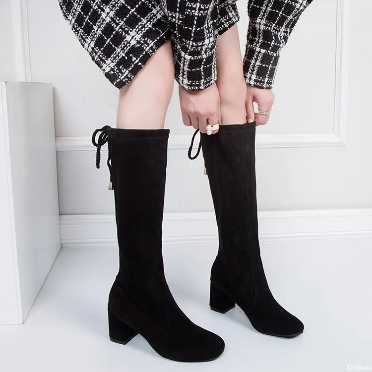 

Hot Women Suede Sewing Solid Boots Ladies Slip On Square Heels Shoes Woman Fashion Comfort Footwear Female Winter Boots New
