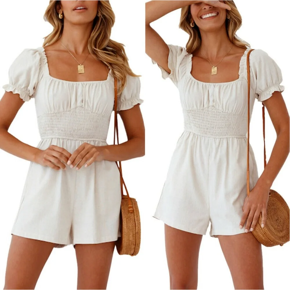 

Summer Women Square Neck Short Sleeve Romper Shorts Jumpsuit Casual Playsuit