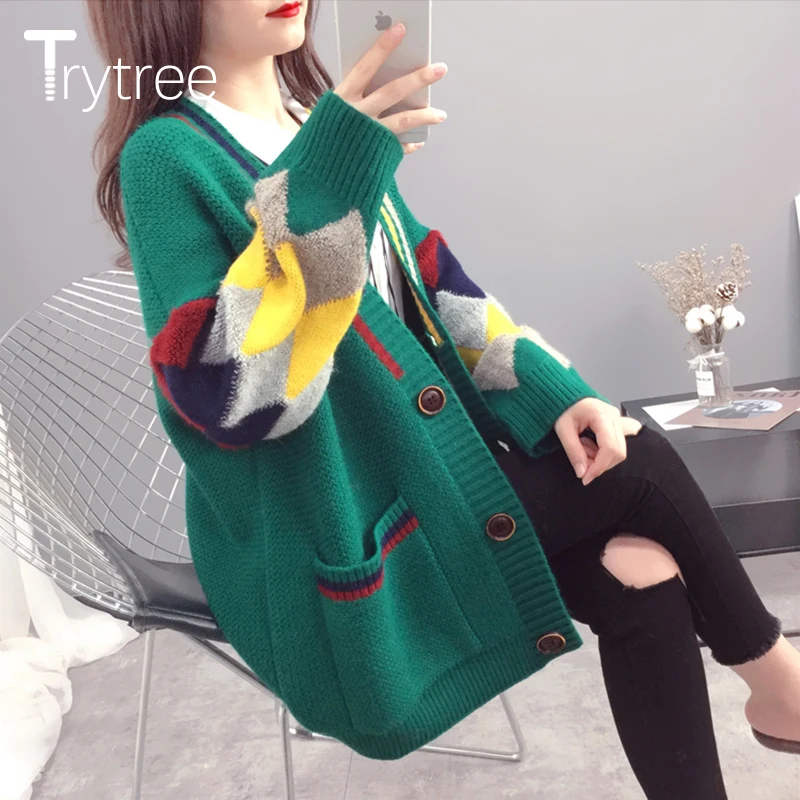 Осенне зимний женский свитер Trytree повседневный однобортный трикотажный кардиган