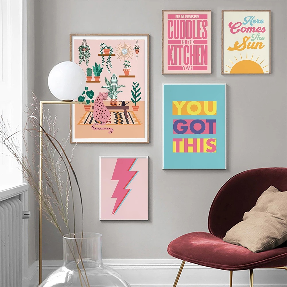 

Pink Lightning Leopard Golden Sun Plant Canvas Painting Wall Art Nordic Posters and Prints Wall Pictures for Living Room Decor