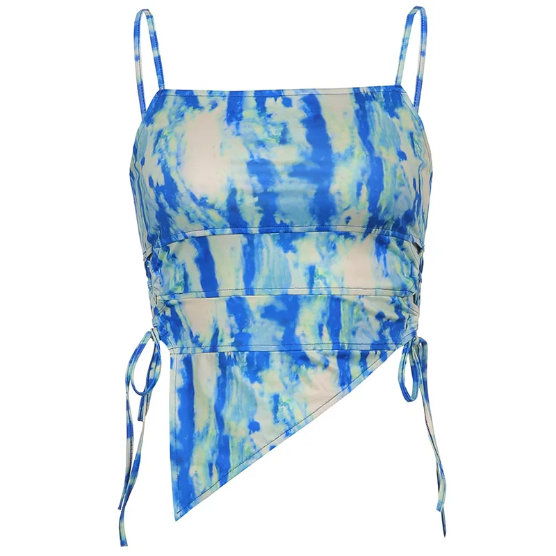 

Summer Fashion Tie Dye Print Lace Up Sleeveless Strap Cami Top Harajuku Tanks Crop Tops Y2K Irregular Camisole Women's Clothes