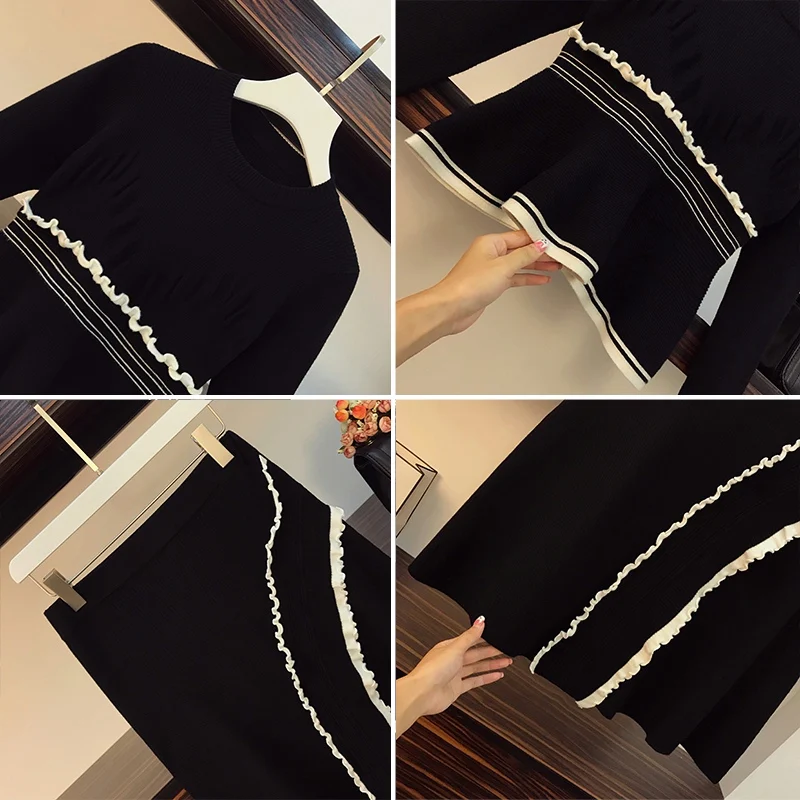 Осенне-зимний женский вязаный костюм пуловер свитер и Юбка До Колена с высокой