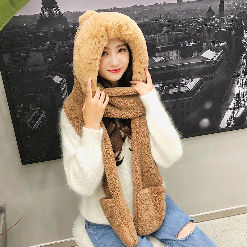 

Autumn and winter hat female plush thick double-layer northeast hat warm cycling neck scarf scarf gloves one gift