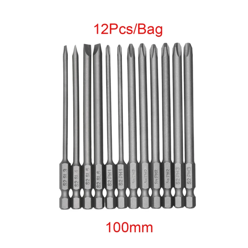 

12pcs/set Alloy Steel S2 Slotted Phillips Screwdriver Drill Bits Magnetic Head 100mm Extra Long Hand Tools