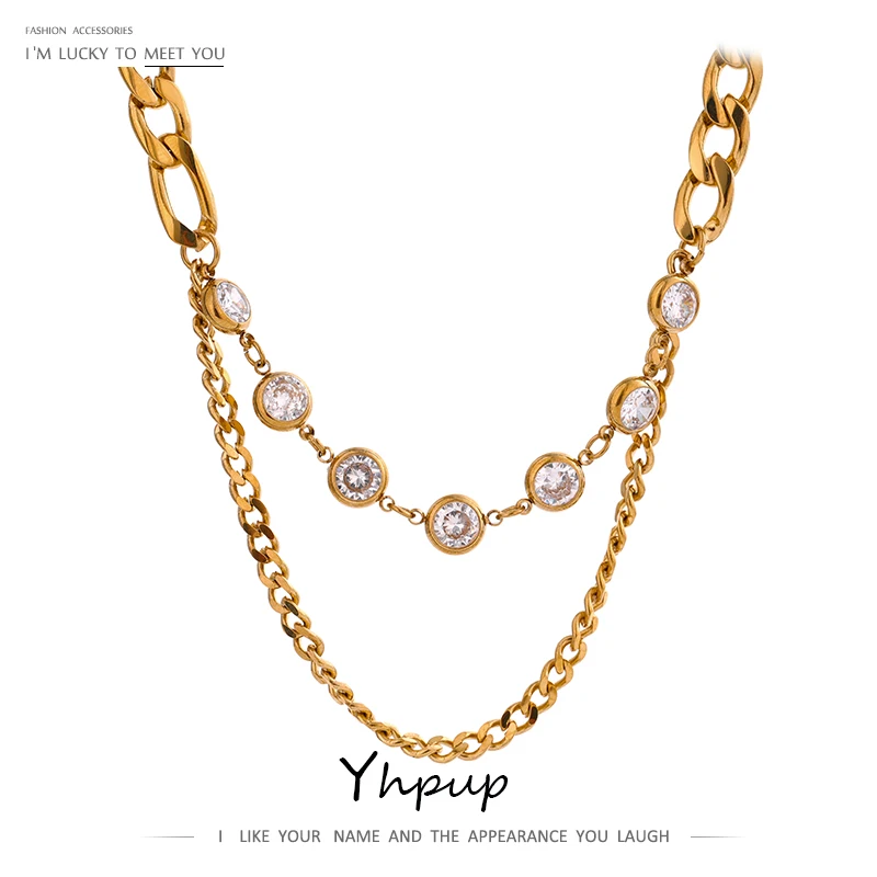 

Yhpup Stainless Steel Cubic Zirconia Layered Chain Necklace for Women Trendy Temperament Metal Texture 18 K Collar Necklace Gift