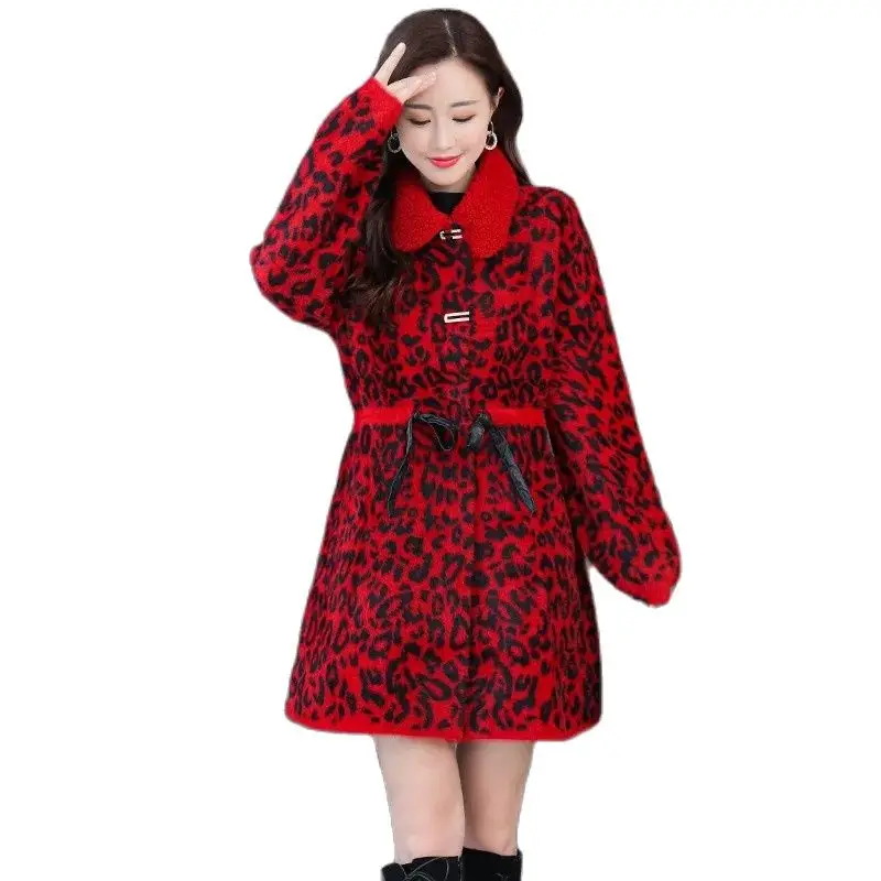 

Imitation Mink Velvet Jacket Women 2021 Autumn Winter New Mid-Length Coat Loose Thick Plush Lace-up Leopard Print Female Outwear