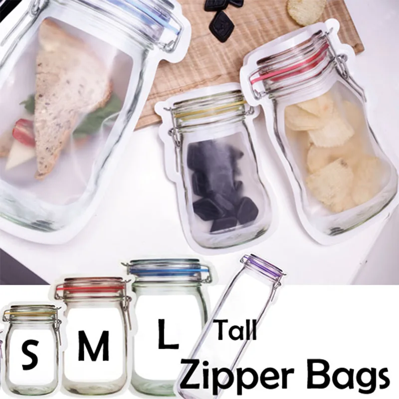 

5-20pcs Reusable Mason Jar Zipper Bags Grocery Candy Jar Food Storage Bags Portable Cookies Bags Kitchen Food Snacks Sealed