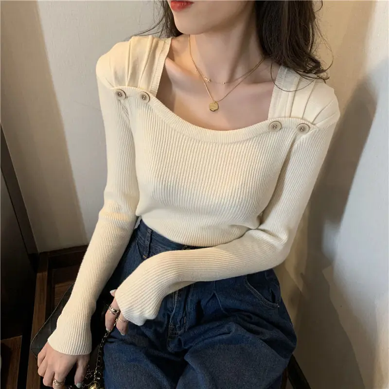 

Long-sleeved square-neck sweater women's 2021 spring and autumn new Korean version of solid color slim bottoming shirt top