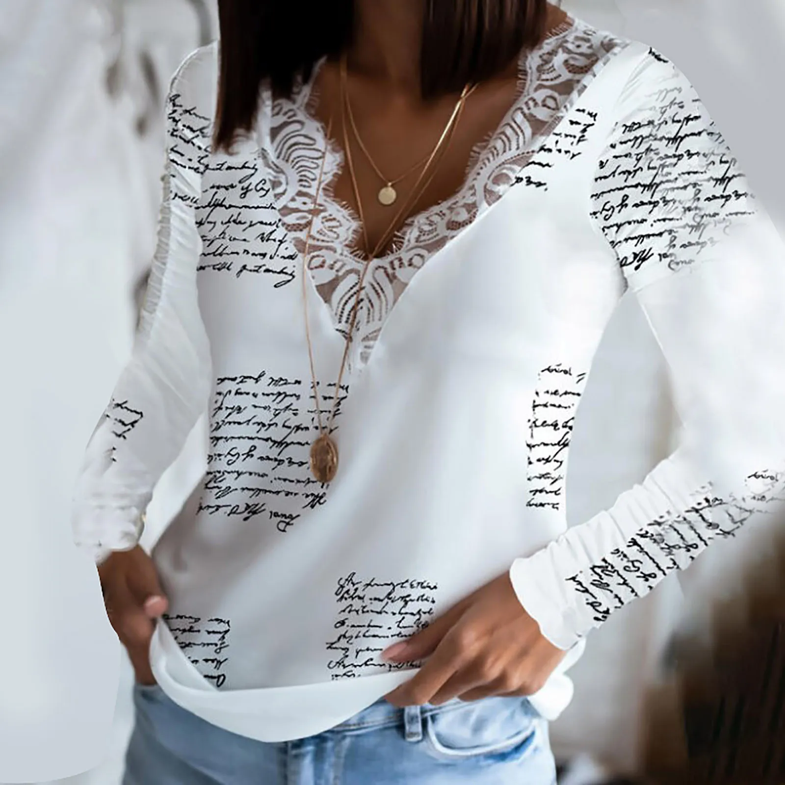 Женские рубашки 40 # женские топы зимние модные комбинированные кружевные блузки