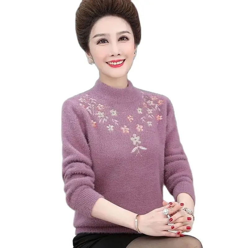 

Mother's Sweater Women's New Mink Fleece Bottoming Shirt Middle-Aged Elderly Women's Knitted Sweater Lady Autumn Winter Tops