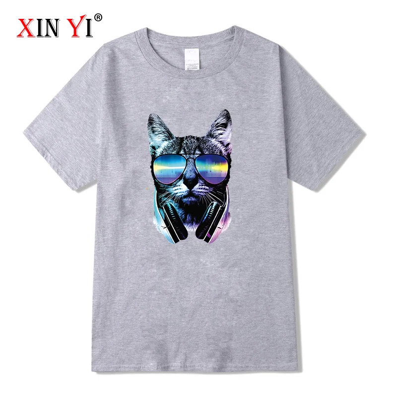 XIN YI Men's T-shirt High Quality 100% Cotton Short Sleeve T-Shirt DJ cat printing o-neck t-shirt casual hip hop for men | Мужская