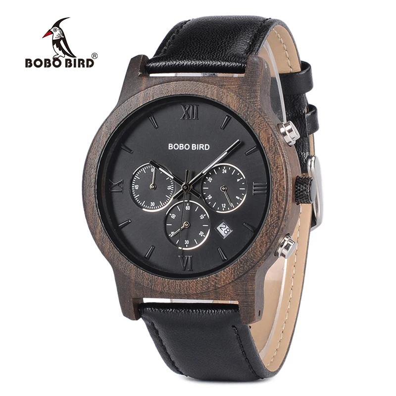 

BOBO BIRD Leather Strap Wooden Men Watches 2020 Luxury Wood Quartz Wristwatche Auto Date male Clock erkek kol saati Dropshipping