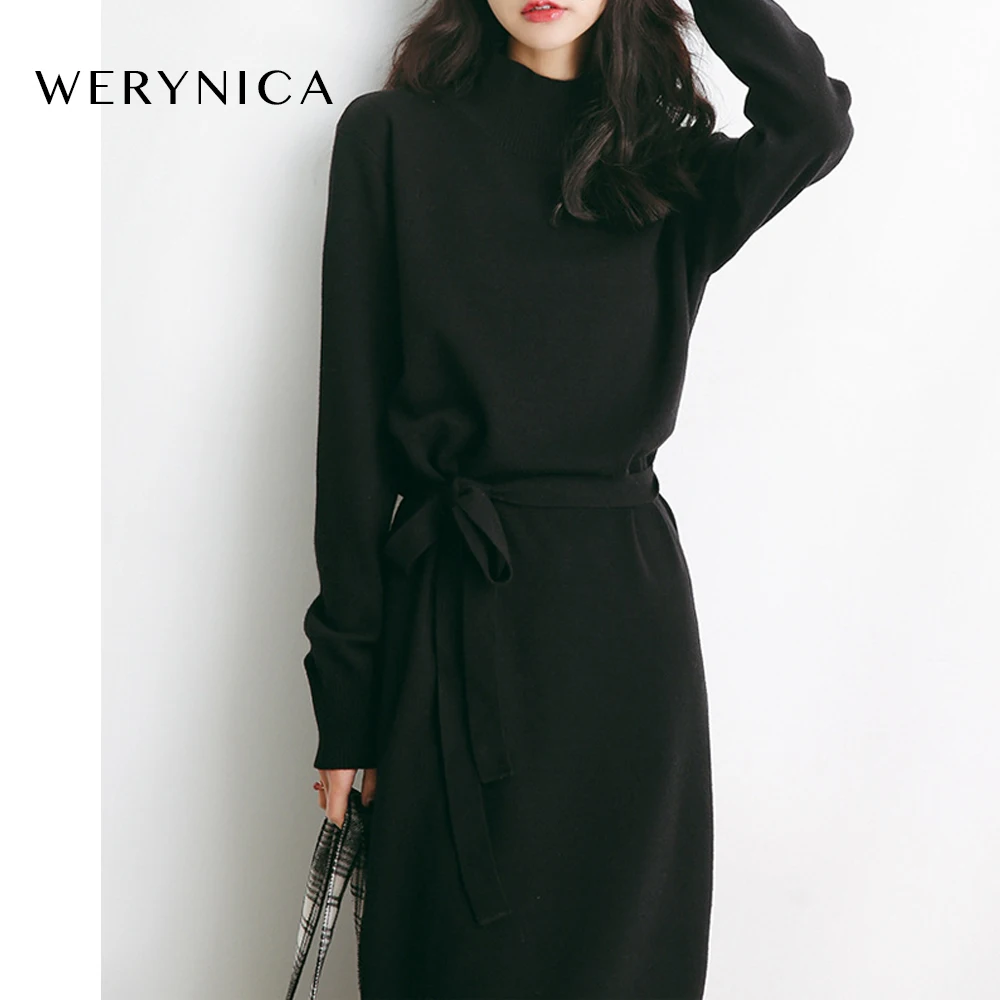 

Werynica Women Long Sleeve Knitted A-line Midi women Dress High Waist Belt Female New Year Dresses 2020 New Spring Korean Style
