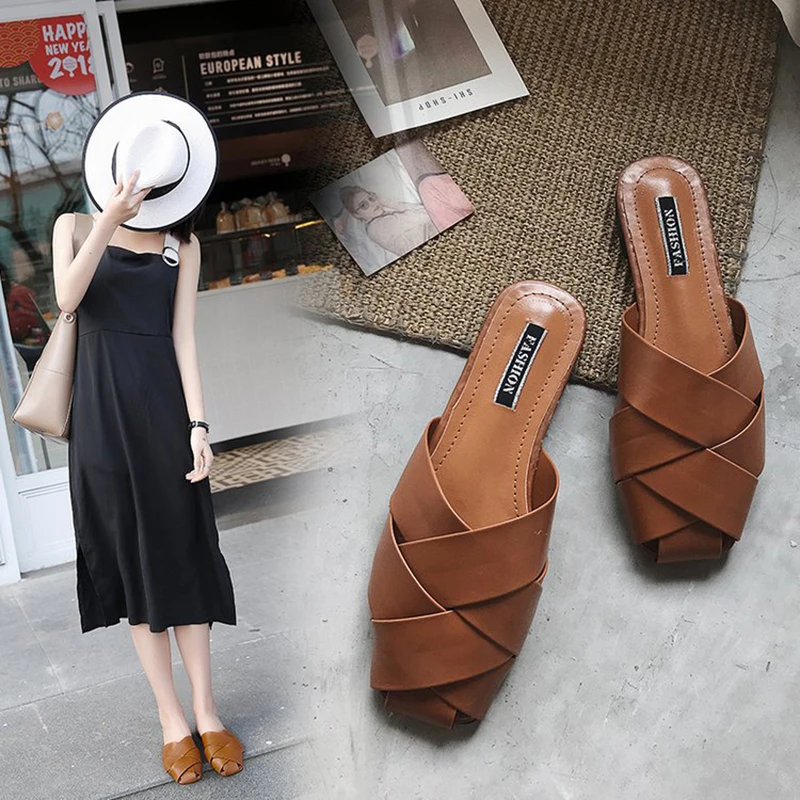 Женские уличные тапочки в Корейском стиле летние плетеные мюли на низком каблуке