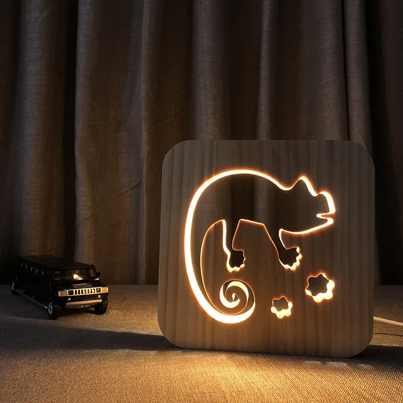 Chameleon Solid Wood Creative Table Lamp Xinqite Wooden Night Light 3D Lights Christmas Lights Indoor