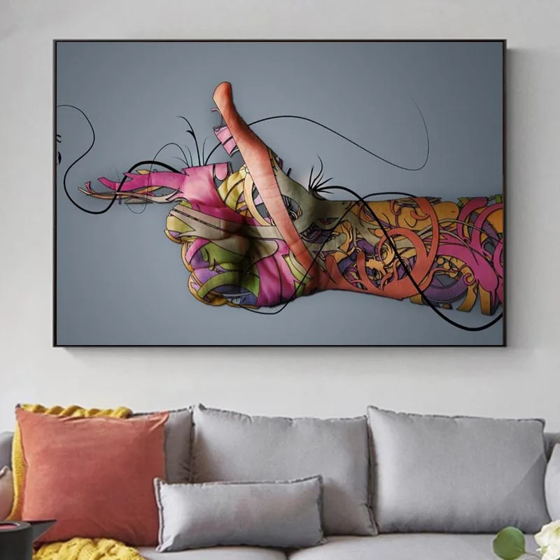 Абстрактная красочная тату ручной пистолет жест холст живопись на стене