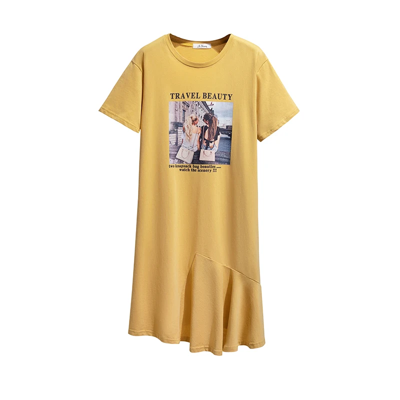 

2021 Summer Plus Size Pullover Patchwork Printed Casual Dress For Women Short Sleeves O-Neck Loose Waist Pleated Dresses