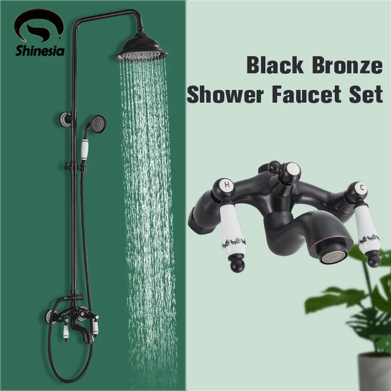 

Shinesia Black Bronze Bath Shower Set Mixer Faucet Rainfall Shower Head with Handheld Double Handle for Bathtub Bathroom