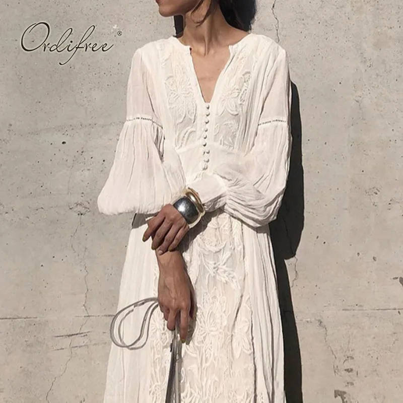 Ordifree 2021 летнее винтажное женское длинное платье с пышными рукавами и вышивкой