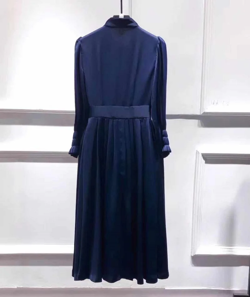 Высококачественная модная новинка, осенняя Женская туника со стоячим воротником и пуговицами, деко, рукав 3/4, длина до середины икры, элегантное темно-синее желтое платье