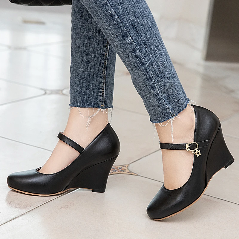 

Rimocy Genuine Leather Wedge Pumps for Women High Heels Plus Size 34-45 Office Ladies Working Shoes Woman Ankle Strap Nude Shoes