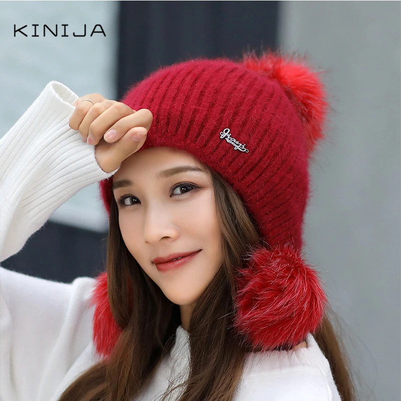 Зимняя вязаная шапка Женская плотная Теплая Шапка бини плюшевая с надписью