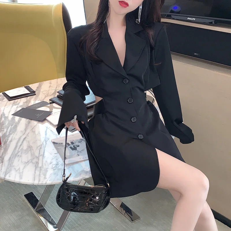 

Women Sexy Mini Dress Autumn Korea Back Hollow Out Waist Long Sleeve Single-Breasted Suit Dress Streetwear Casual Bodycon Dress