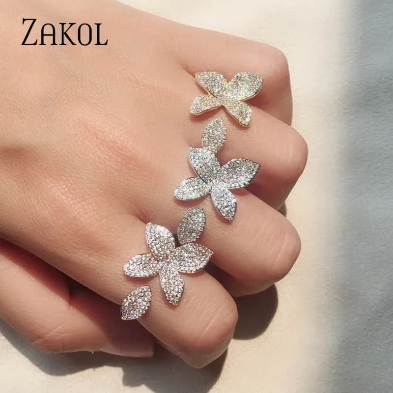 ZAKOL Роскошные AAA кубические циркониевые открытые кольца микро паве оправа Роза в