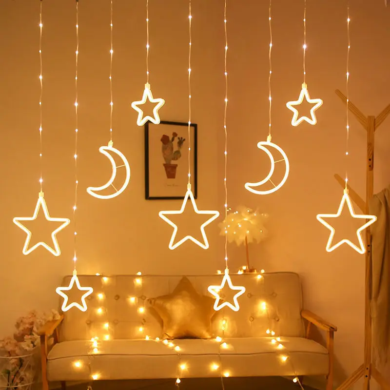 

Гирлянда-занавеска на солнечной батарее, Рождественская лампа-занавеска со звездами, луной, для бара, дома, свадьбы, вечеринки, сада, патио, у...