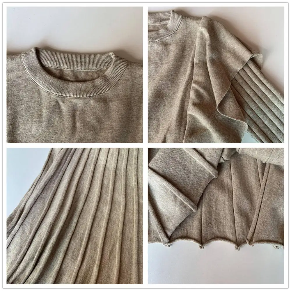 Осеннее Плиссированное трикотажное платье миди с круглым вырезом Kawai оборками и