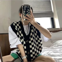 chessboard cardigan knitted vest women korean style single breasted knitted garment loose plaid sweater vest sleeveless casual