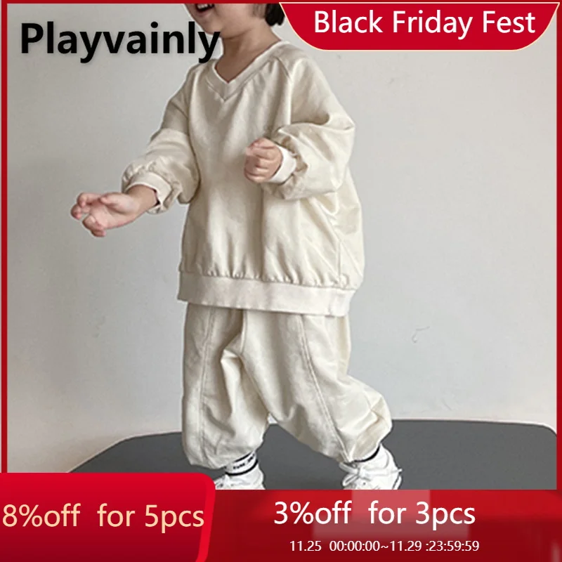 

2021 New Korean Style Autumn Baby Boys 2-pcs Sets Grey Apricot Long Sleeves V-neck Sweatershit + Pants Kids Casual Outfits E1229