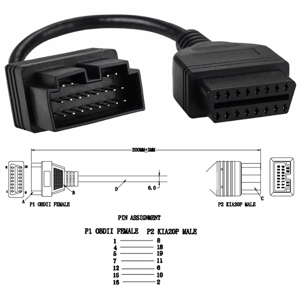 Диагностический кабель переходник с KIA 20 pin на OBD2 16 коннектор адаптер разъём
