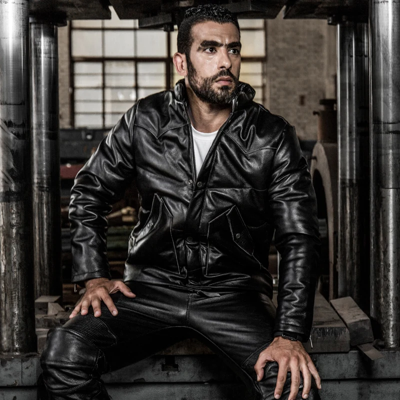

Men's Black Cow Motorcycle 2020 Biker Warm Down Flight Pilot Genuine Leather Winter Coat Bomber Jacket