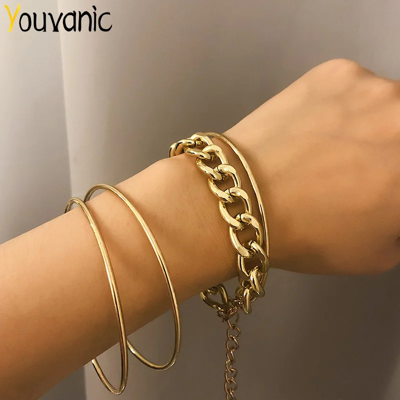 Youvanic Large Gold Bracelets Bangles Set For Women Thick Link Chain Bracelet Punk Simple Smooth Bangle Charm Boho Jewelry 0164 | Украшения