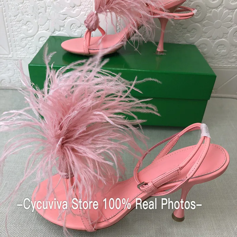 Хит продаж сандалии-гладиаторы из страусиного меха на высоком каблуке женские