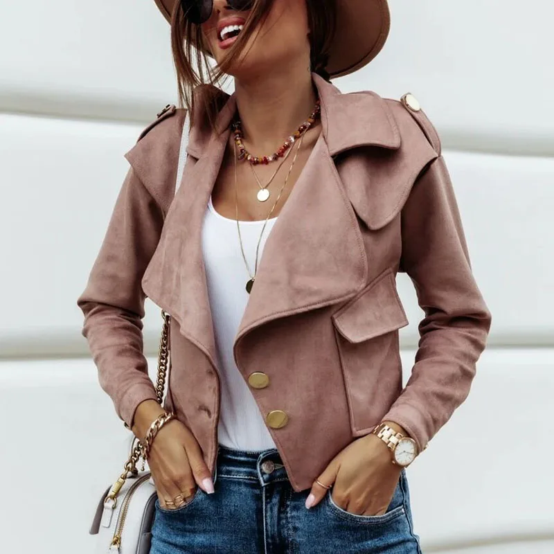 

Куртка женская замшевая однобортная, с отложным воротником, осенняя