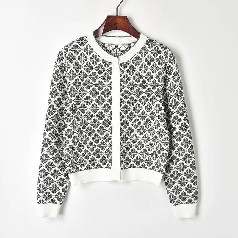 Two Piece Lucky Four-leaf Clover Jacquard Cardigan Women New High Quality Luxury Brand Cardigans Knitted Coat Tops Sweaters Set |